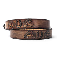 Load image into Gallery viewer, Buck and Bull Youth Custom Leather Belt Horse and Horseshoe