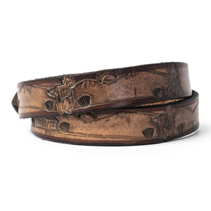 Buck and Bull Youth Custom Leather Belt Log Cabin and Horse