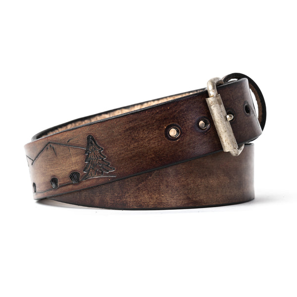 Custom Buck and Bull Leather Belt Deer, Cabin, Tree