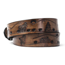 Load image into Gallery viewer, Custom Buck and Bull Leather Belt Horse, Cabin, Woods, Tree