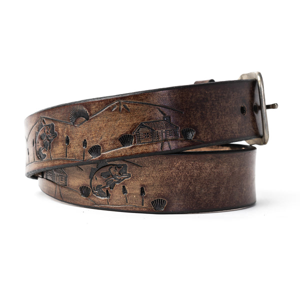 Custom Buck and Bull Leather Belt Fish, Cabin