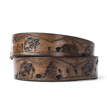 Load image into Gallery viewer, Custom Buck and Bull Leather Belt Fish, Cabin, Tree
