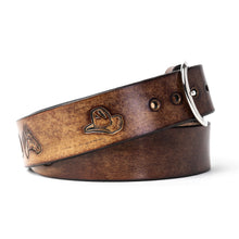 Load image into Gallery viewer, Custom Buck and Bull Leather Belt Cowboy Hat, Horses
